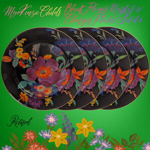MacKenzie Childs Black Flower Market Enamel Charger Plates 12 inch, Set of 4